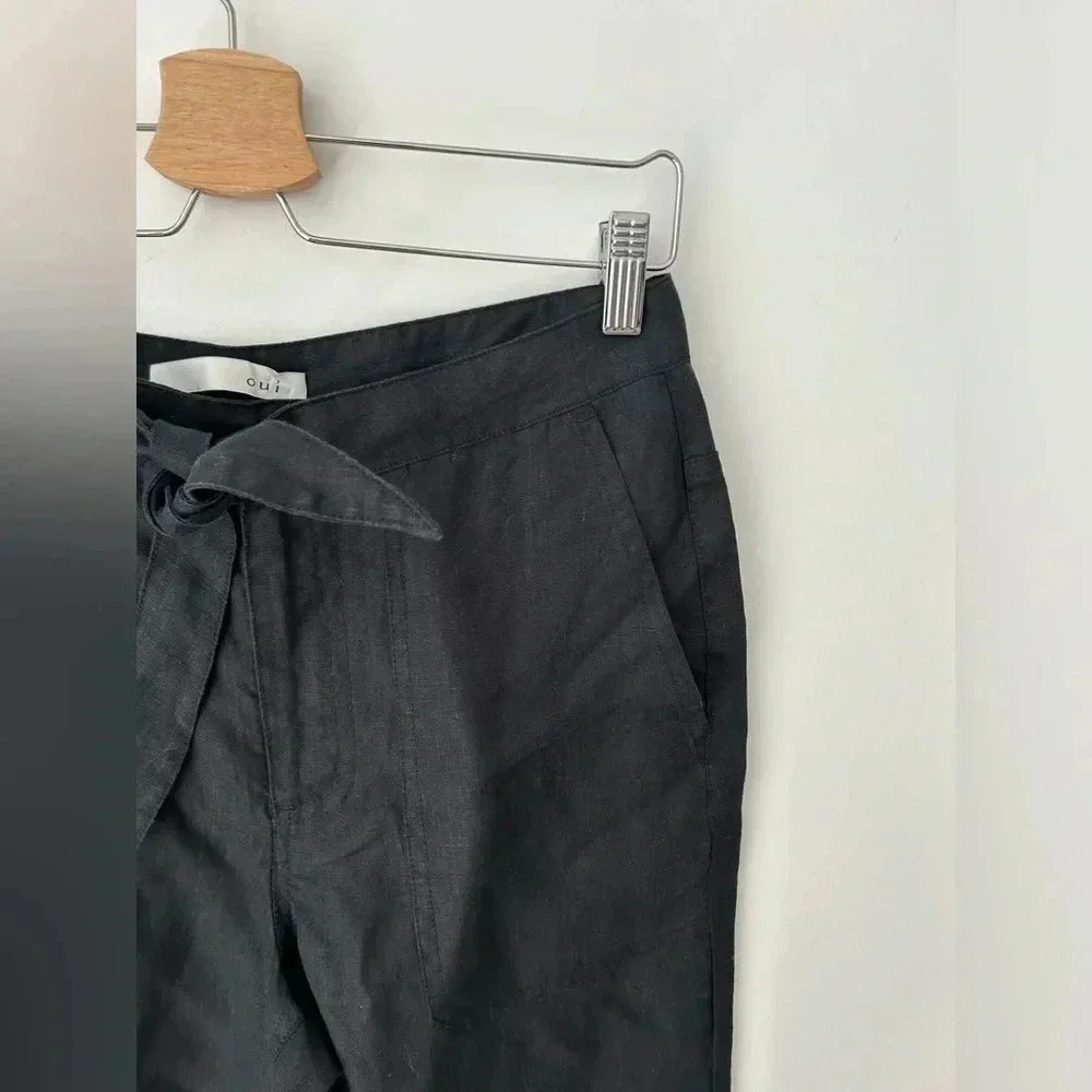 Oui 100% Linen Wide Leg Pants Black Tie Waist Relaxed Minimalist EU Size 6 - Picture 2 of 11
